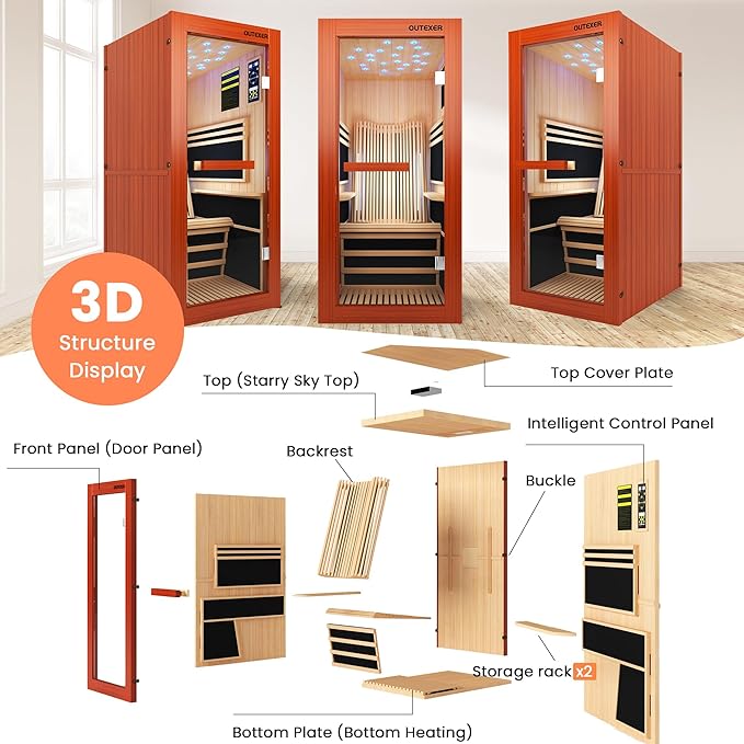Infrared Sauna 1495W Wooden Saunas Spa Room Pacific Clear Cedar Wood Single Person Indoor Saunas with Special Shaped Comfortable Backrest 32.68 * 47.24 * 69.29 Inch