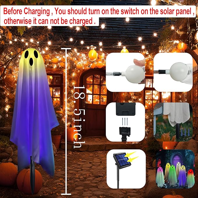 Halloween Ghost Pathway Lights with Stakes, 6PCS Solar Colorful Light Ghost Decorations, Waterproof Outdoor Lights for Yard, Lawn, Driveway, Halloween Decor