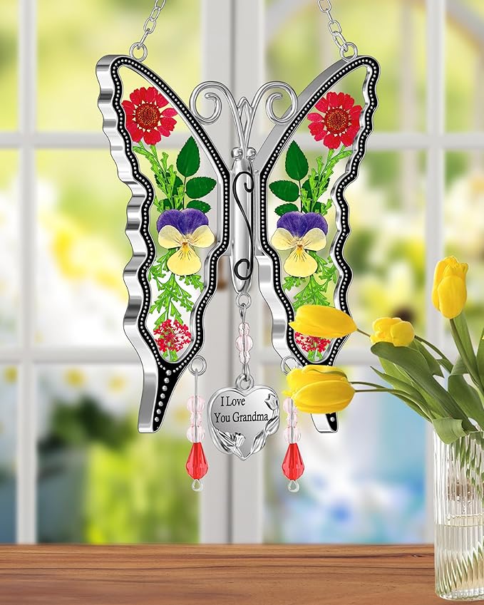 KY&BOSAM Gifts for Women I Love You Grandma Butterfly Suncatcher Stained Glass Suncatchers for Window Hanging Home Decor Garden Wind Chimes Birthday Gifts for Women Mothers Day Valentine's