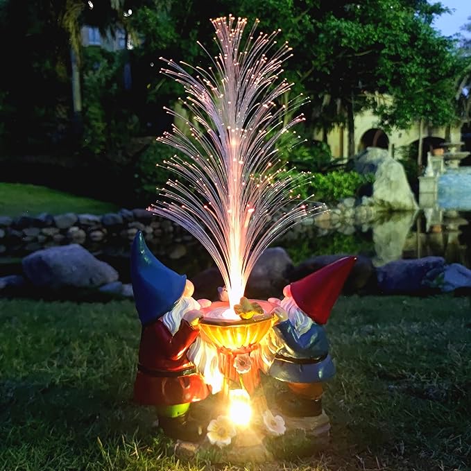 Gnome Statue Solar Garden Decor with LED Lights, Resin Gnomes Figurine and Colour Changing Optical Fiber Solar Light,Outdoor Decorations for Balcony, Patio, Yard, Lawn, Gifts for Women