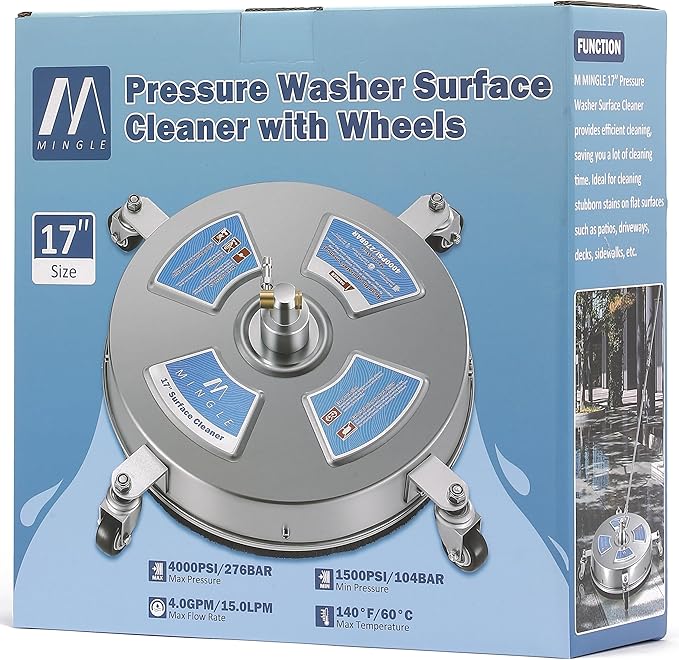M MINGLE 17'' Pressure Washer Surface Cleaner, Driveway Pressure Washer Attachments with 2 Power Washer Replacement Wands and Nozzles, 1/4" Quick Connect, 4000 PSI