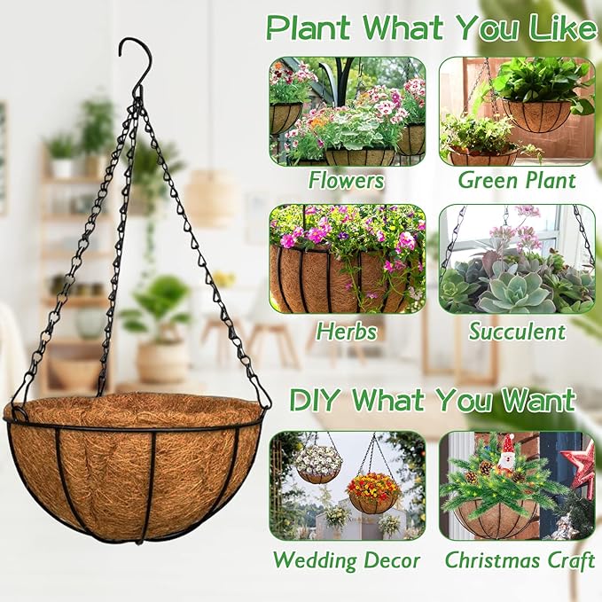 ZeeDix 6 Pack 12 Inch Metal Round Hanging Planter Basket with Coconut Liners Replacement, Hanging planters Baskets with Natural Coco Liner for Outdoor Indoor Planters Flowers Vegetables