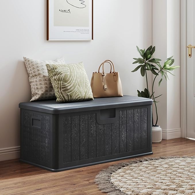 Tangkula 100 Gallon Outdoor Storage Box, Resin Outdoor Storage Bench with Lockable Lid, Waterproof Deck Box for Garden Tools, Pool Accessories, Cushions