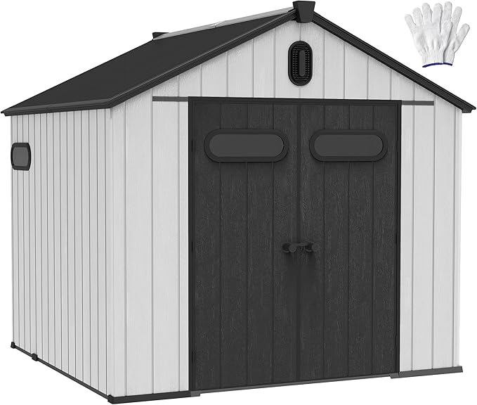 DWVO 8x8 FT Outdoor Storage Shed, 427 cuft Large Plastic Storage Shed with Floor & Lockable Door, Outside Tool Garden Shed with Windows & Vents for Patio Furniture, Lawn Mower, Bike, Black&Gray