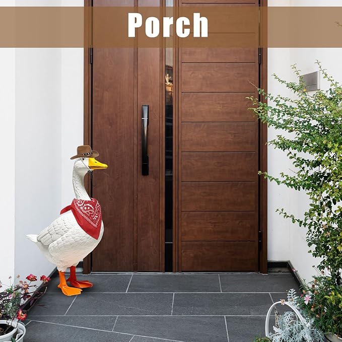 Porch Goose Outfits Western Cowboy Style, Lawn Cement Goose Clothes Outfits for Cement Goose Includes Adjustable Cowboy Hat and Scarf for 23/17″ Outdoor Statue (Brown,Red)