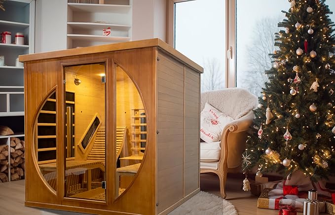 Far Infrared Wooden Sauna Room, Luxurious Canadian Red Cedar Sauna with 2 Oversize Recliners, 220V, 3400 W, 9 Heating Element, Bluetooth Speakers, 7 Color Light, Oxygen Bar, Low EMF