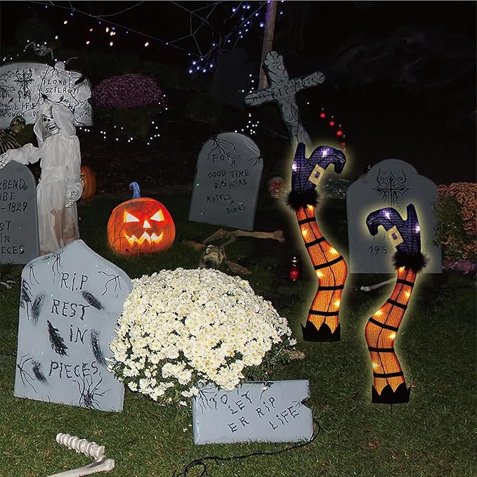Halloween Lighted Witch Legs with Stakes, 22" Light Up Witch Feet with Timer & 8 Lighting Modes, Battery Operated Witch Decor for Indoor Outdoor Porch Planter Garden Decor(17" Leg+5" Stake)