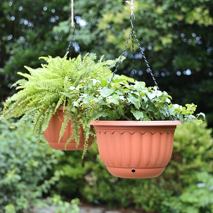 YIKUSH Hanging Planter for Indoor and Outdoor Plants 2 Pack 12 inch Flower Pot Plastic Plant Pot with Drainage Hole and Absorbing Tray(Terracotta)
