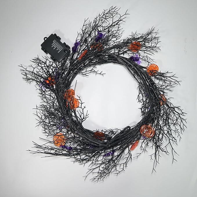 Halloween Decor Lights 8.86FT 72 LED Willow Vine Twig with Timer Battery Operated Garland Lights with Orange Pumpkins Purple Spiders and Black Dead Branches Indoor Halloween Decorations for Home