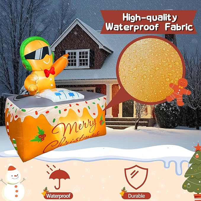 OurWarm 6FT Christmas Inflatable Outdoor Decoration, DJ Gingerbread Inflatable Christmas Decorations with LED Lights, Xmas Blow Ups for Outdoor Indoor Lawn Garden Yard