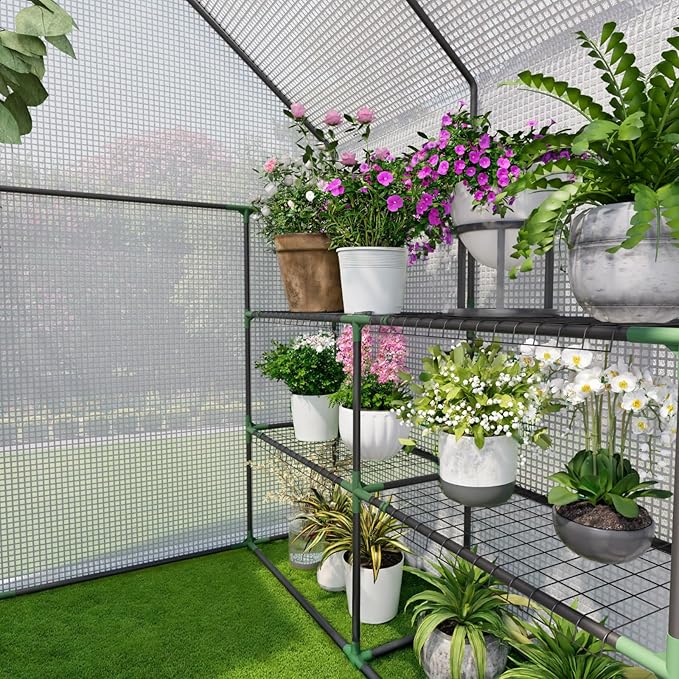 Greenhouse for Outdoors, Small Greenhouse, Walk-in Greenhouses with 3 Tiers 8 Shelves, PE Cover, Heavy Duty Plant Greenhouses for Garden and Backyard