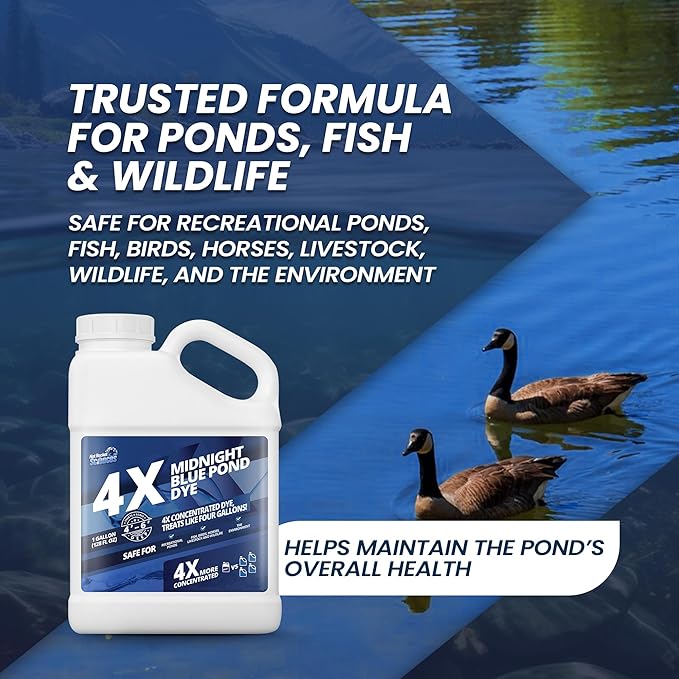 1 Gallon Midnight Blue Pond Dye, 4X Concentrate Pond Dye Blue, Dark Natural Looking Aquashade for Beautiful Lake Water, Long-Lasting Colorant, Protects Against Sunlight - Ideal for Fish & Wildlife