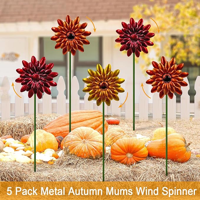 5 Pack Metal Autumn Mums Wind Spinner Garden Stakes,Outdoor Lawn Ornaments,Fall Yard Decorations,Garden Decor for Outside