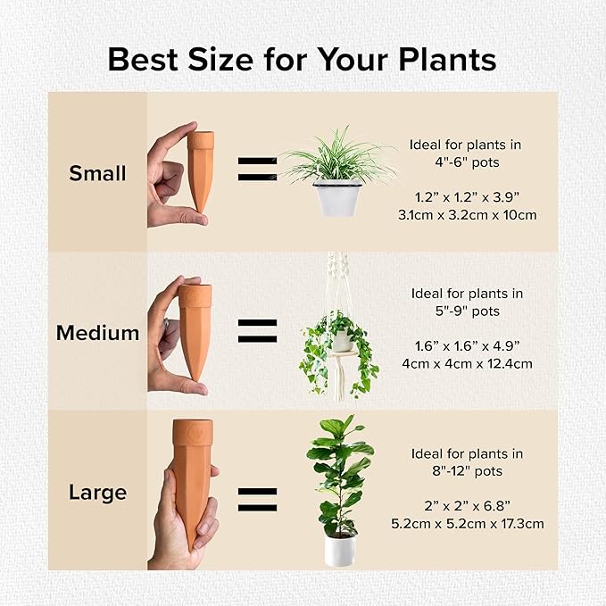 Terracotta Plant Watering Spikes - Large- Set of 4 with Lids Ideal for 8"-12" Pots Perfect Vacation Plant Watering System & Everyday Use for Busy Plant Lovers to Water Plants