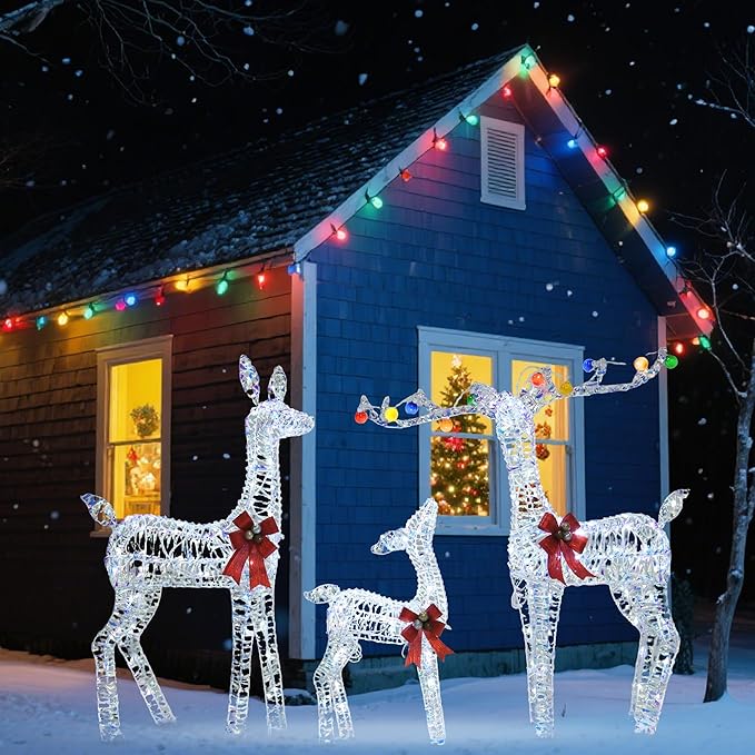 Outdoor Lighted Reindeer Family Christmas Decor, 52" H Iridescent Deer 3D Holiday Yard Decorations with 200 White LED Lights, 3-Piece Set, Perfect for Lawn, Gardern