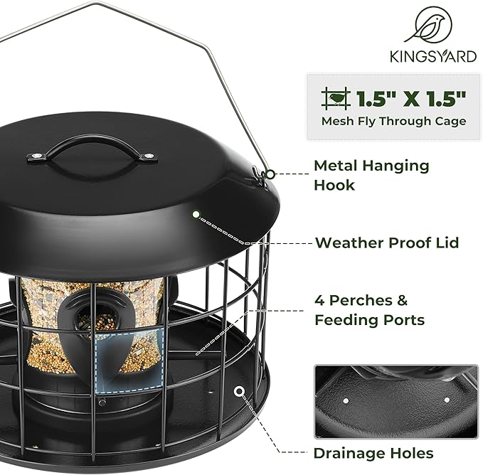 Kingsyard Mesh Caged Bird Feeders for Outdoor Hanging, Tube Squirrel Proof Bird Feeders with Tray for Small Birds Finches Bluebird, Rain Proof Covered, 4 Feeding Ports, Black