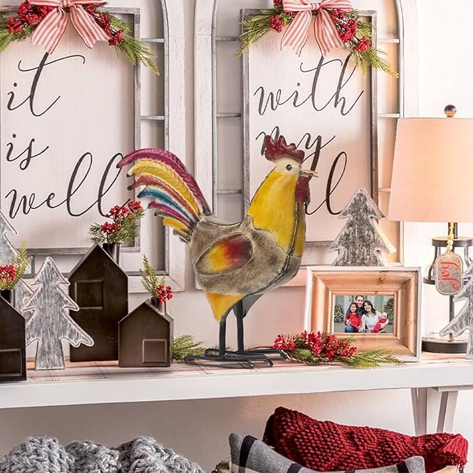 Metal Rooster and Hen Statues Set of 2, Indoor Outdoor Chicken Yard Art Decorations, Farmhouse Kitchen Table Garden Patio Lawn Decor, Gray Yellow Sculptures 12.2x11.5 Inch