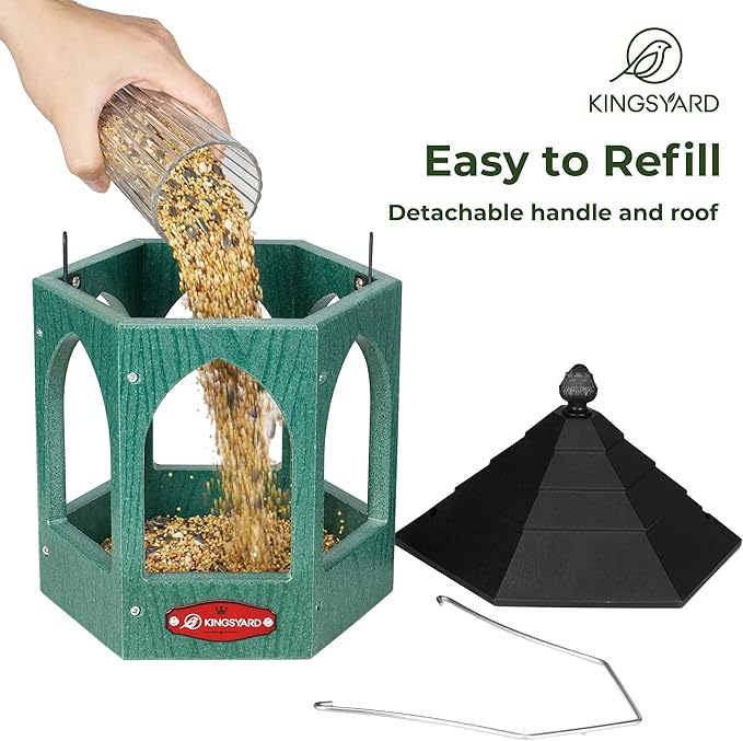 Kingsyard Platform Bird Feeder for Outdoor Hanging - Gazebo Style Recycled Plastic Wild Bird Feeding Station with Rain-Proof Roof & Metal Mesh Tray. Green