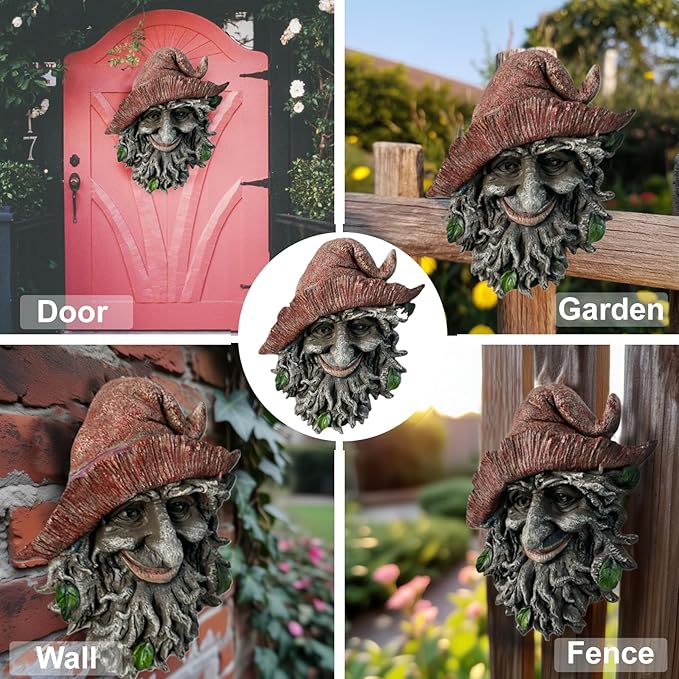 Tree Face Sculpture, Funny Red Cap Old Man Tree Hugger Statue, Indoor & Outdoor Creative Props for Garden and Home,9" x 7" x 2.4"