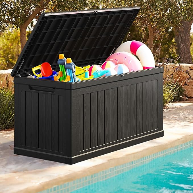 Lyromix 230 Gallon Outdoor Large Resin Storage Box, Waterproof Deck Box Lockable & UV-Resistant, Outside Cushion Storage for Patio Furniture, Garden Tools, Pool Accessories, Black