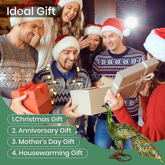 Peacock Yard Art Garden Decor Metal Peacock Outdoor Statue & Sculpture for Patio Lawn Backyard Outside Decorations Vibrant Multicolor, Green