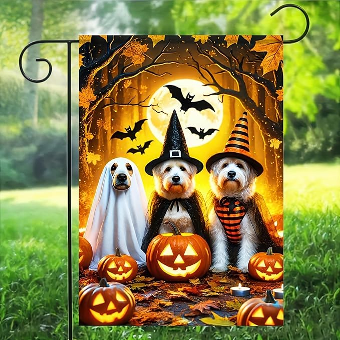 Halloween Ghost Dog Garden Flag Scary Pumpkin Cute Dogs Trio in Witch and Ghost Garden Flag Vertical Double Sided 12x18 Inch Welcome Yard Flag for Halloween Farmhouse Holiday Yard Outdoor