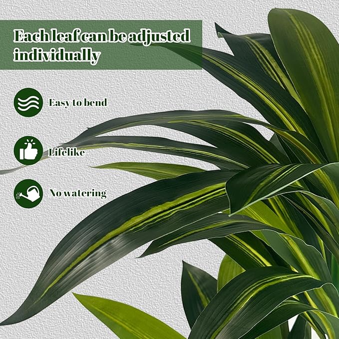 Artificial Dracaena Tree 5FT with White Tall Planter,Fake Green Plant with Natural Wood Trunk & Lifelike Leaves, Aritificial Yucca Plant for Home Office Decor,Housewarming