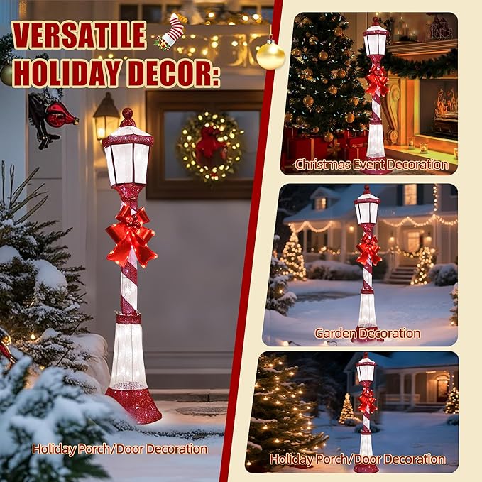 60Inch Outdoor Christmas Decorations Outdoor Lighted Lamp Post 3D Lamppost LED Lighted Display with 128 LED Lights&Bow, Holiday Decorations for Yard, Porch, Patio (2-Pack)