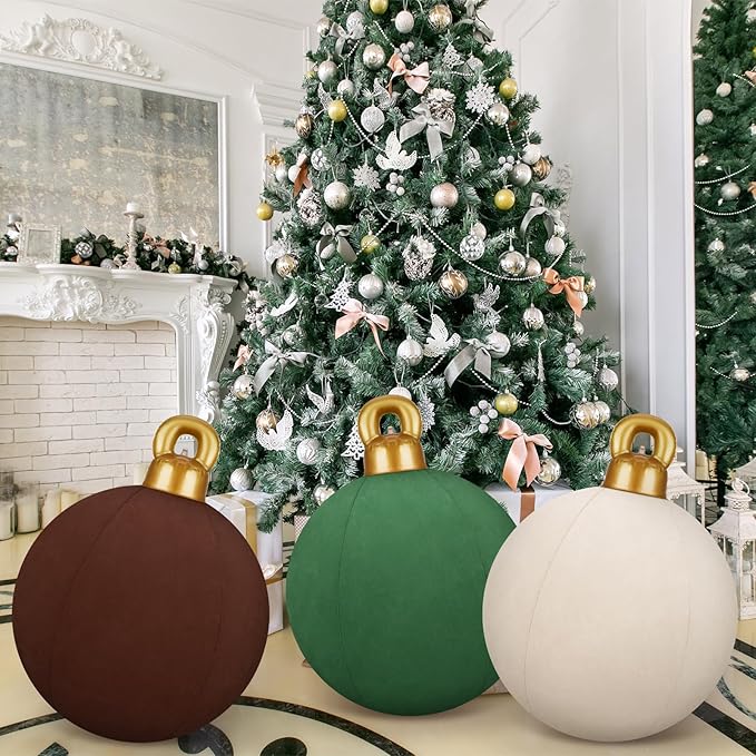 Jetec 3 Pcs 32 Inch Giant Velvet Christmas Inflatable Balls Ornament Flocked Xmas PVC Inflatable Flocked Ball Ornaments for Christmas Holiday Outdoor Blow up Yard Decor(Beige, Brown, Dark Green)