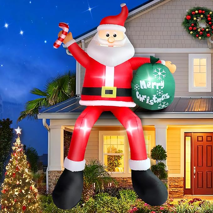8 FT Christmas Inflatable Santa Claus Outdoor Decorations, Blow up Sitting Santa Claus with Gift Bag, Climbing Santa Carrying Present Sack Sitting on Roof, Xmas Yard Patio Bench Shrubs Indoor Decor