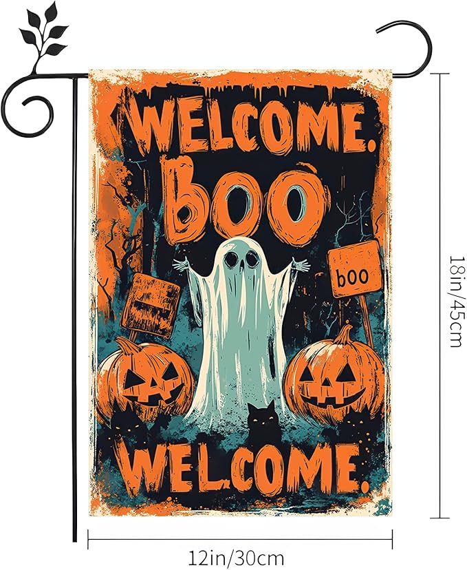 Halloween Welcome Garden Flag 12x18 Inch Double Sided Ghost Boo Welcome Flags Pumpkin Sign Spooky Tree Small Flag Yard Banner for Halloween Outdoor Decoration
