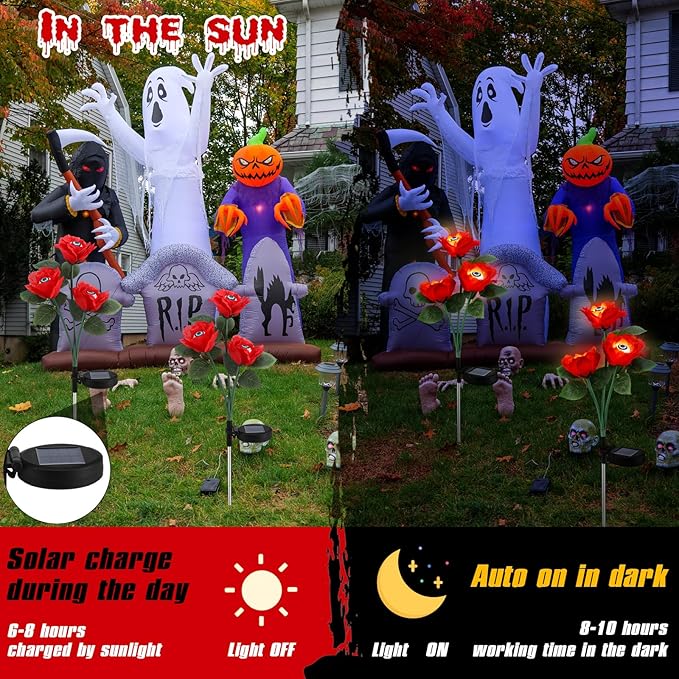 Riakrum 2 Pack Halloween Solar Eyeballs Stake Lights Waterproof Scary Roses Solar Lights Halloween Outdoor Decorations for Garden Yard Patio Pathway Lawn Party Outside Decor