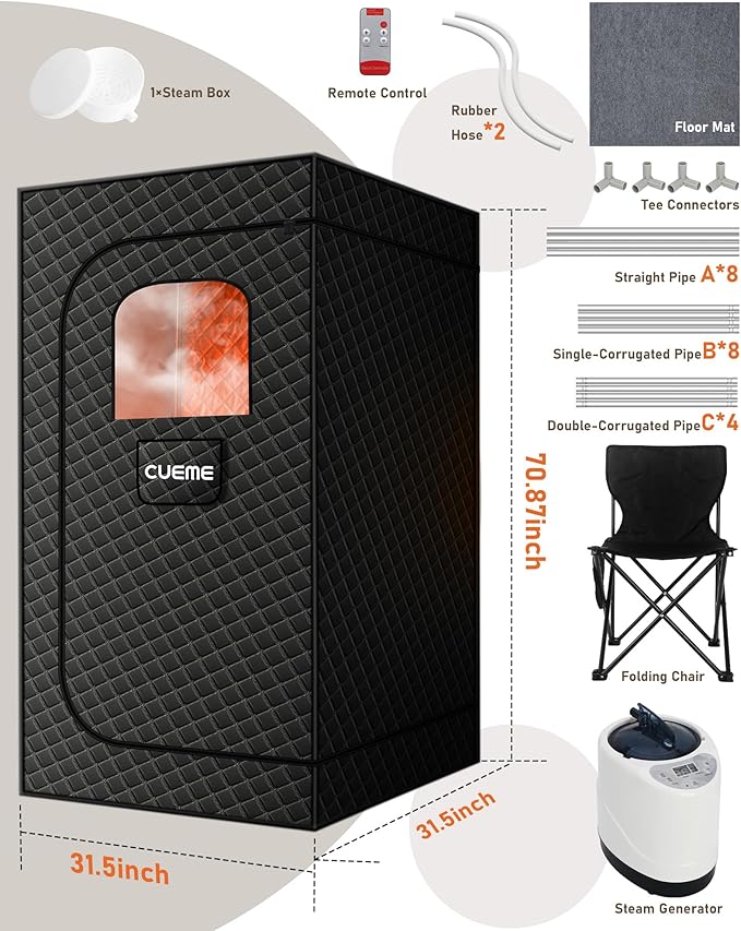 Sauna Box, Portable Steam Sauna, Portable Sauna for Home with 3L 1200W Steamer, 9 Levels, Folding Chair, Extra Large Size (2.6' x 2.6' x 5.9'), Full Body Sauna Tent for Relaxation, Detoxification