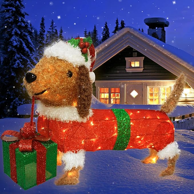 28" Long Christmas Dog Decoration with Lights,Xmas Dachshund with Hat Take a Gift Box, Weiner Dog Lighted up for Indoor Outdood Home Garden Party Yard Porch Under Christmas Tree Holiday Addition
