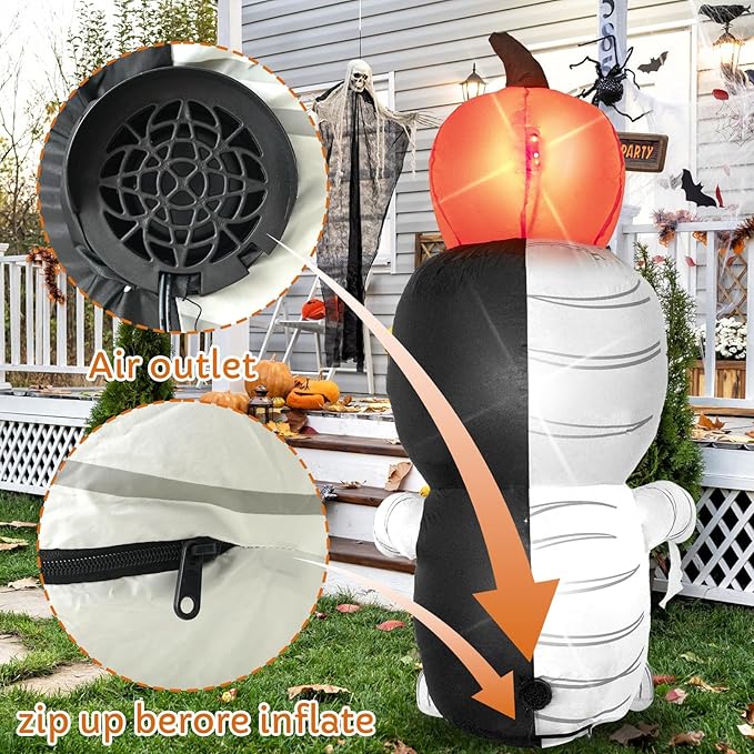 5FT Zombie with Pumpkin On Head, Halloween Outdoor Inflatable Decoration, with LED Lights, Suitable for Outdoor Lawns, Gardens, Terraces and Halloween Parties