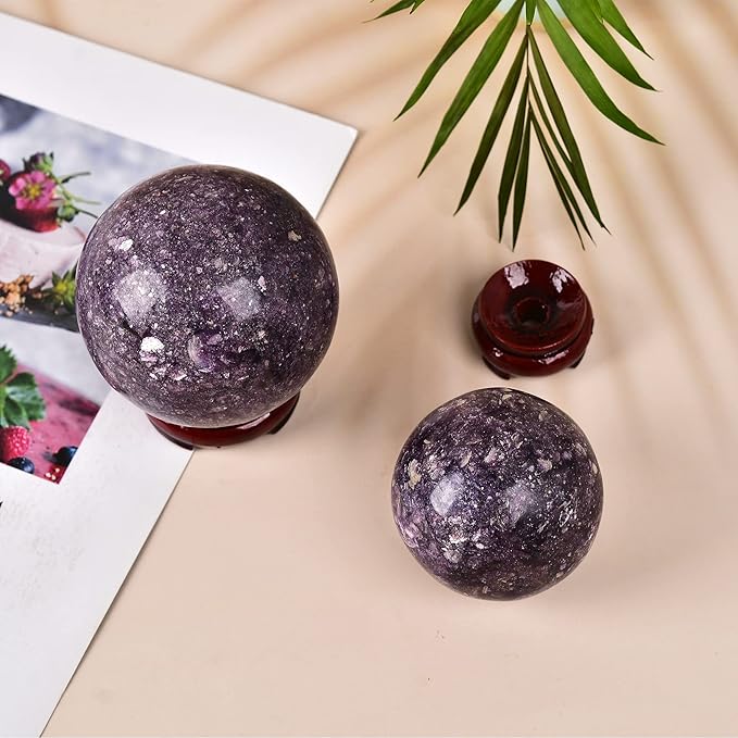 JIC Gem Small Purple Mica Crystal Ball Sphere with Decorative Wooden Stand for Decorative Ball,Divination or Feng Shui,and Fortune Telling Ball (60-70mm)