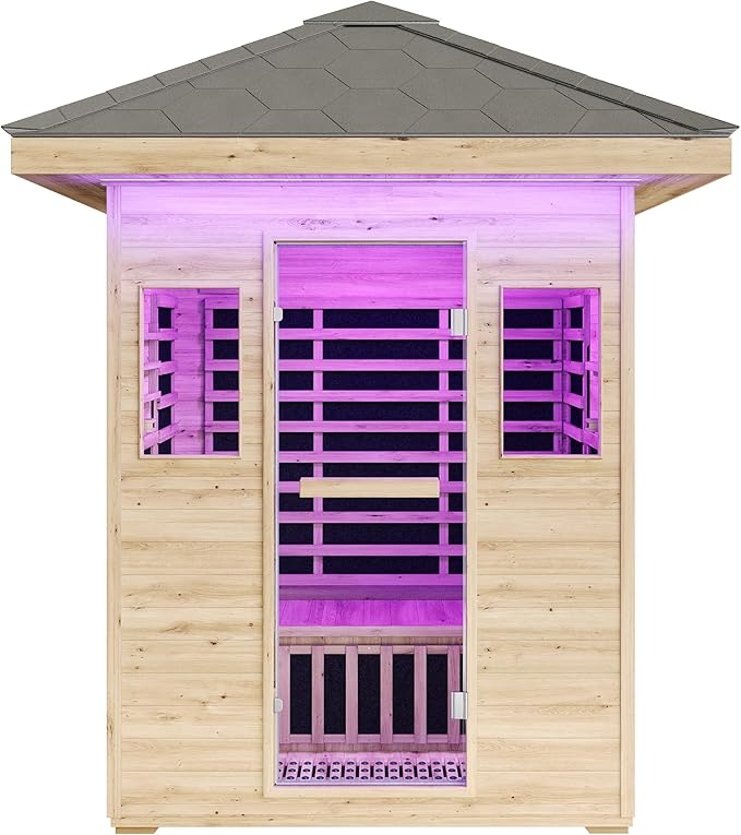 Albott Outdoor Sauna 3 Person, Infrared Saunas for Home, Low EMF 2645W/240V Spruce Wood Dry Sauna with Tourmaline Stone Foot Warmer, 7-Color Light Therapy & 2 Bluetooth Speakers, 60.2"x43.3"x98.4"