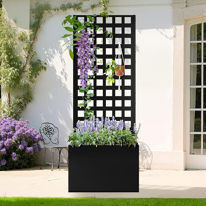 Metal Planter Box with Trellis, Heavy-Duty Raised Garden Bed for Climbing Plants, Drainage Hole, Outdoor Planter Box with Privacy Screen,24''L×12''W×63''H