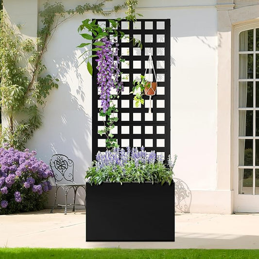 Metal Planter Box with Trellis, Heavy-Duty Raised Garden Bed for Climbing Plants, Drainage Hole, Outdoor Planter Box with Privacy Screen,24''L×12''W×63''H