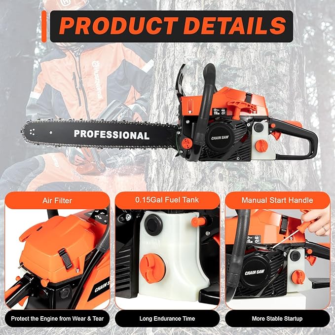 58cc Gas Chainsaw, 20 Inch Gas Powered Chainsaws with Tool Bag, 3.6HP 2-Cycle Handheld Cordless Petrol Gasoline Chain Saw for Cutting Tree Wood Trimming Garden Farm