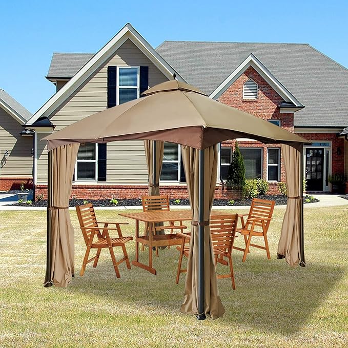 Gazebo Universal Replacement Privacy Curtain – Hugline 10' x 12' Gazebo Side Wall Outdoor Privacy Panel with Zipper (Khaki)