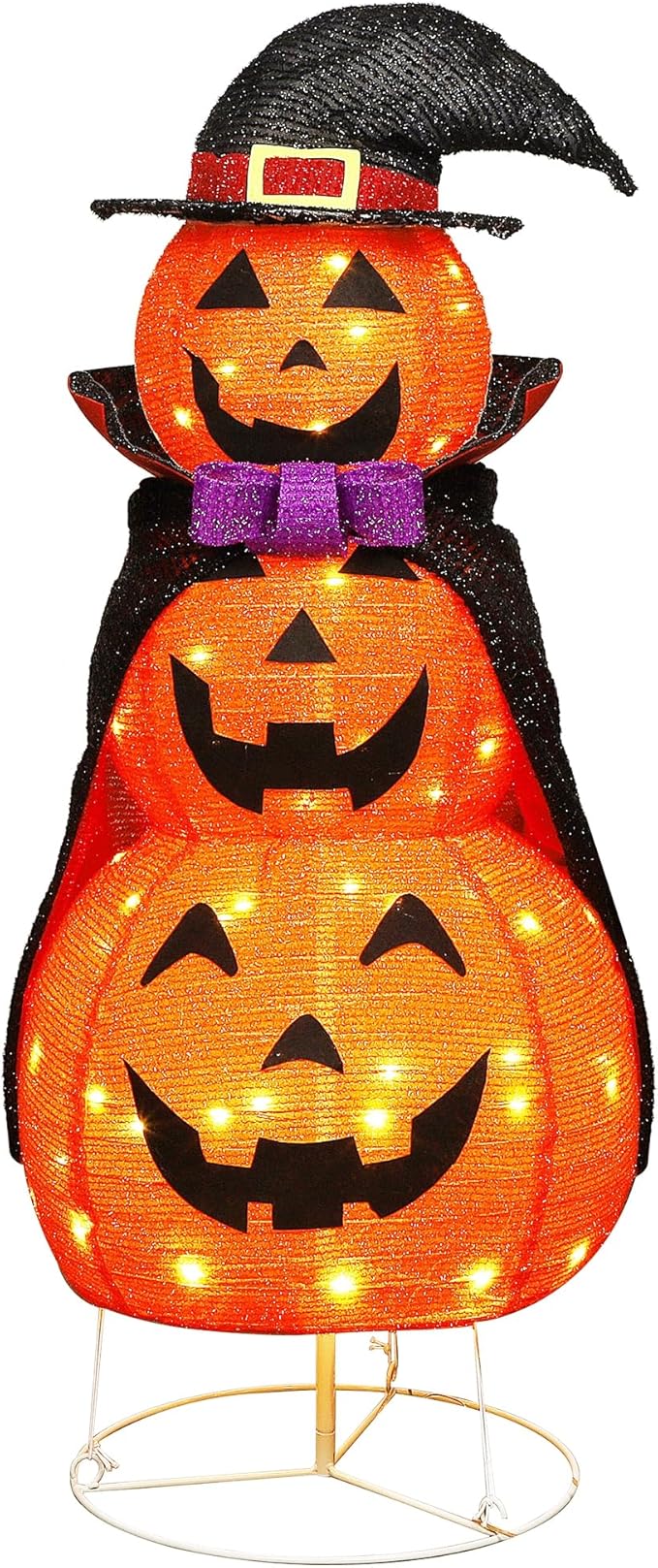 Lulu Home 3.5FT Light Up Halloween Decoration, 60 LED Collapsible Stacked Pumpkins with Vampire Cloak, Plug-in Pre-lit Jack-O-Lantern Front Door Porch Indoor Outdoor Decoration