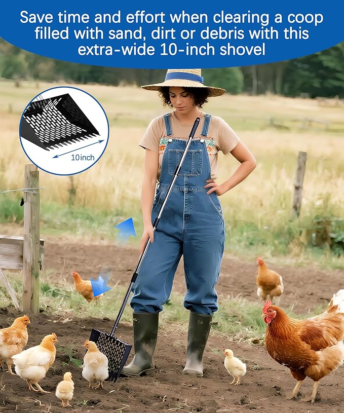 Chicken Coop Scoop 2-in-1 Chicken Poop Scooper & Rake - 62" Adjustable Sand Sifting Shovel Cleaning for Chicken Coops Animal Pens, Reinforced Joint