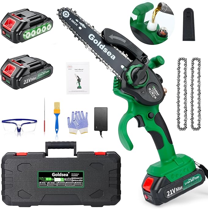 Mini Electric Chainsaw 6 inch, Goldsea Cordless Chainsaw with 2 Rechargeable Battery 21v and chains, Small Powered Handheld Chain Saws for Gardening Wood/Tree Cutting Branches