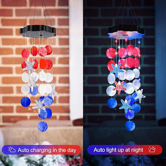 Solar Wind Chimes for Outside, Red & White & Blue Shell Gifts for Mom Grandma Women, Waterproof Solar Outdoor Decorative Mobile Lights for Garden, Yard, Patio, Window, Party, Outdoor Decorations