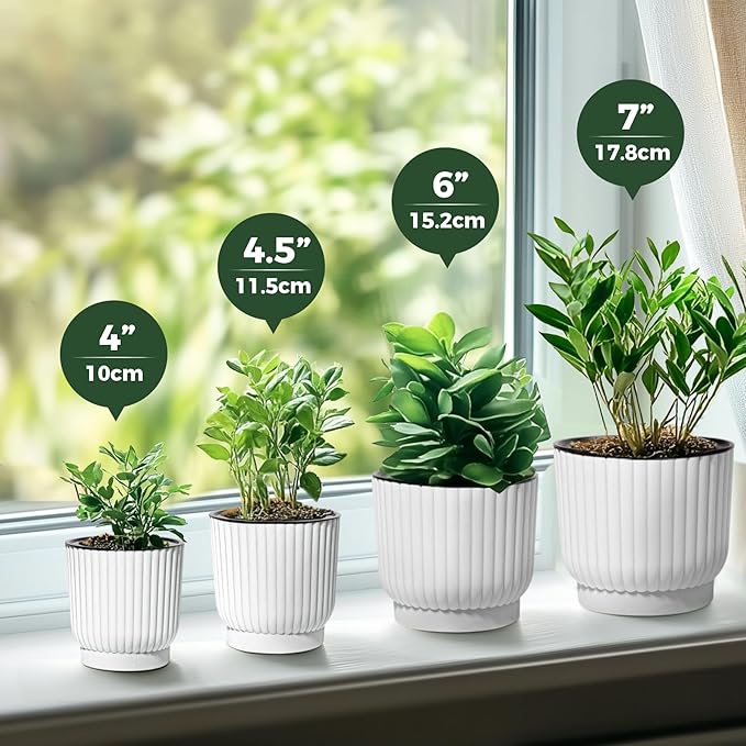 T4U 4.5 Inch Self Watering Pots for Indoor Plants, 6 Pack White Plastic Flower Pots for All House Plants, Flowers, African Violets