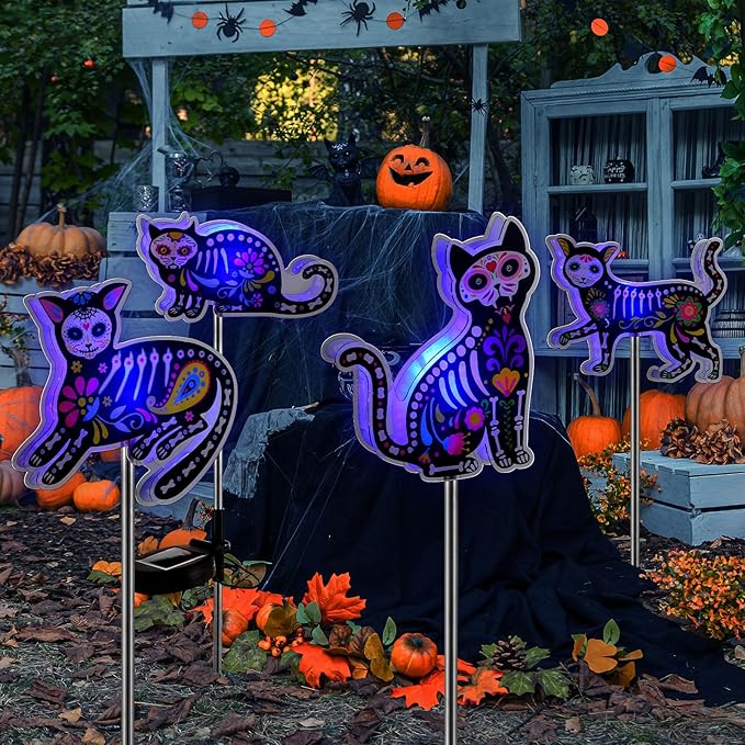 Retisee 4 Pack Halloween Black Cat Solar Lights Outdoors Solar Cat Lamp Yard Decorations Halloween Party Favors Waterproof Lights for Pathway Lawn Porch Warm White LED