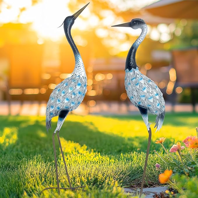 HONGLAND Garden Crane Statues Blue Heron Sculptures for Outdoor Metal Large Birds Lawn Ornaments for Yard Patio Porch Outside Decorations,Set of 2