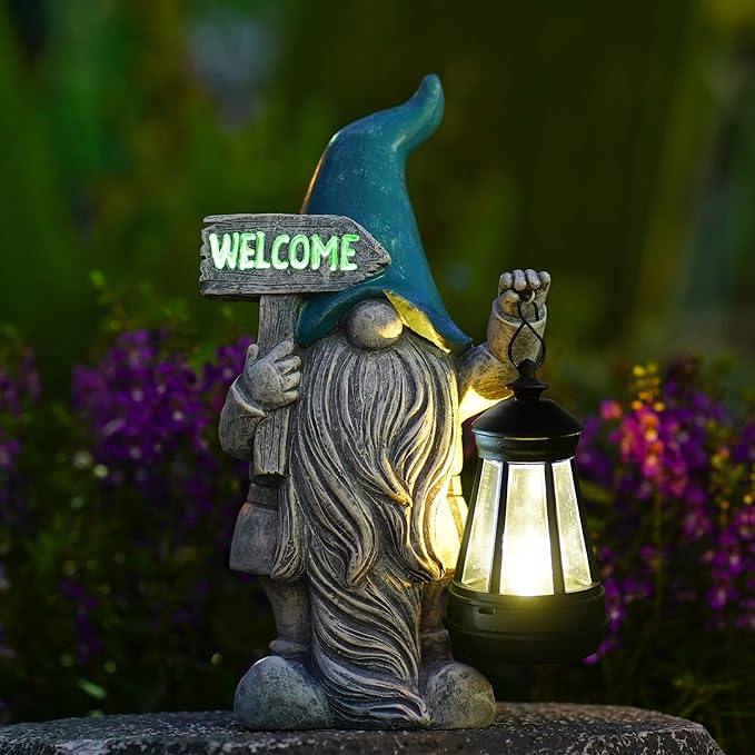 Welcome Gnomes with Solar Lantern - Garden Gnomes with Solar Lights, for Mom or Women, Housewarming Gnome Decorations