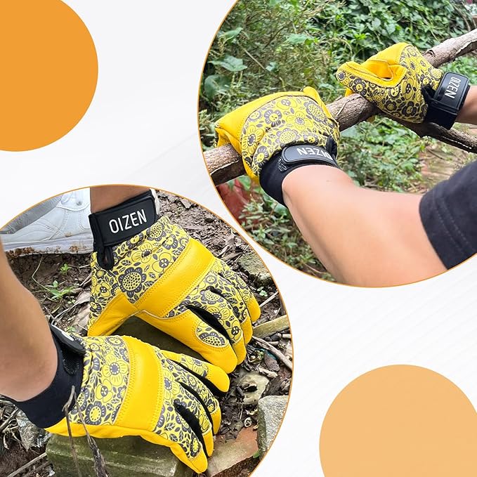 Cowhide Leather Thorn Proof & Puncture Resistant Gardening Gloves for Women and Men, Touchscreen Compatible Working Gloves for Weeding, Digging, Planting, Gardening Gifts for Women (Size Medium)